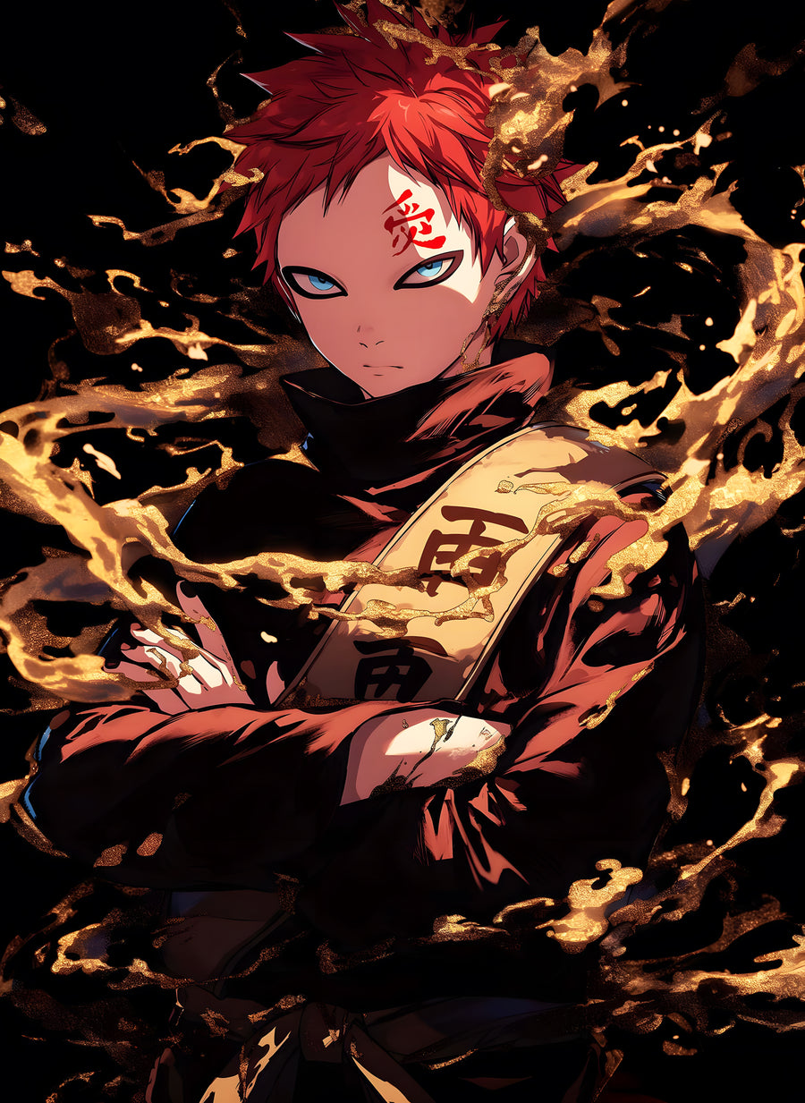 Gaara – In Gold - gaara calm inside a swirl of golden sand, on a metal wall art plate