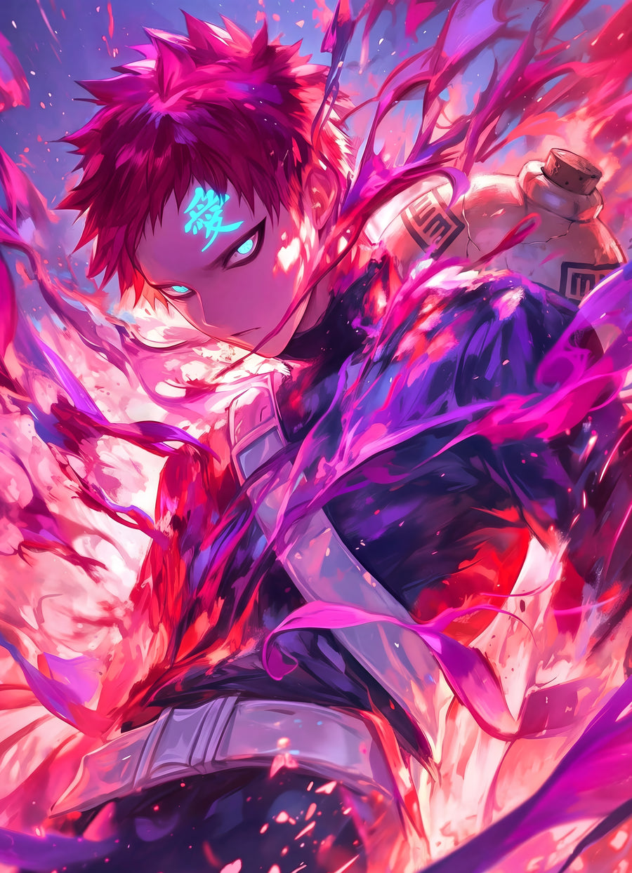 Gaara – In Violet - gaara in magenta and violet, sand curling round him, on a metal wall art plate