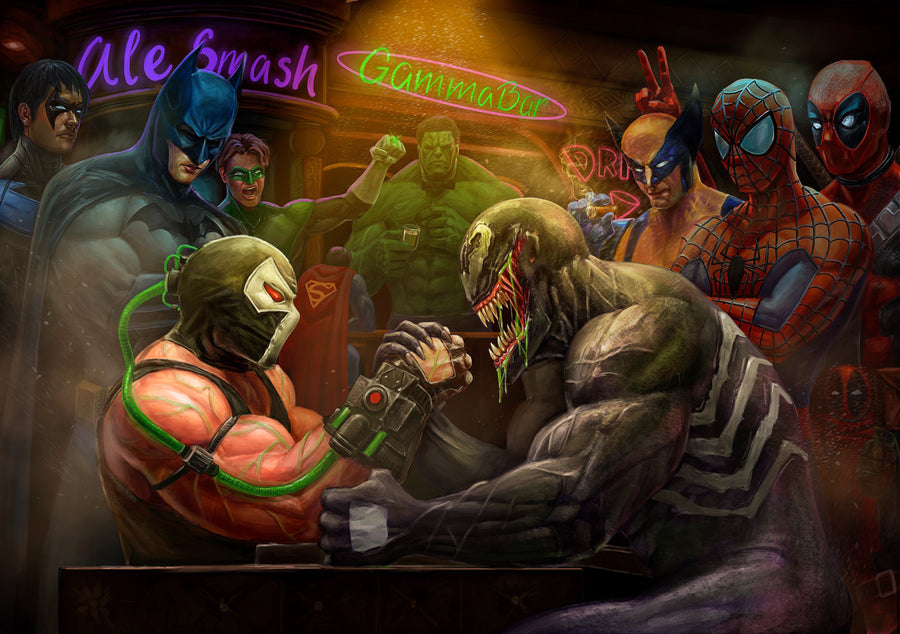 Gamma Bar – Arm Wrestle - a superhero bar in neon, two of them locked in an arm wrestle while the rest watch, on a metal wall art plate