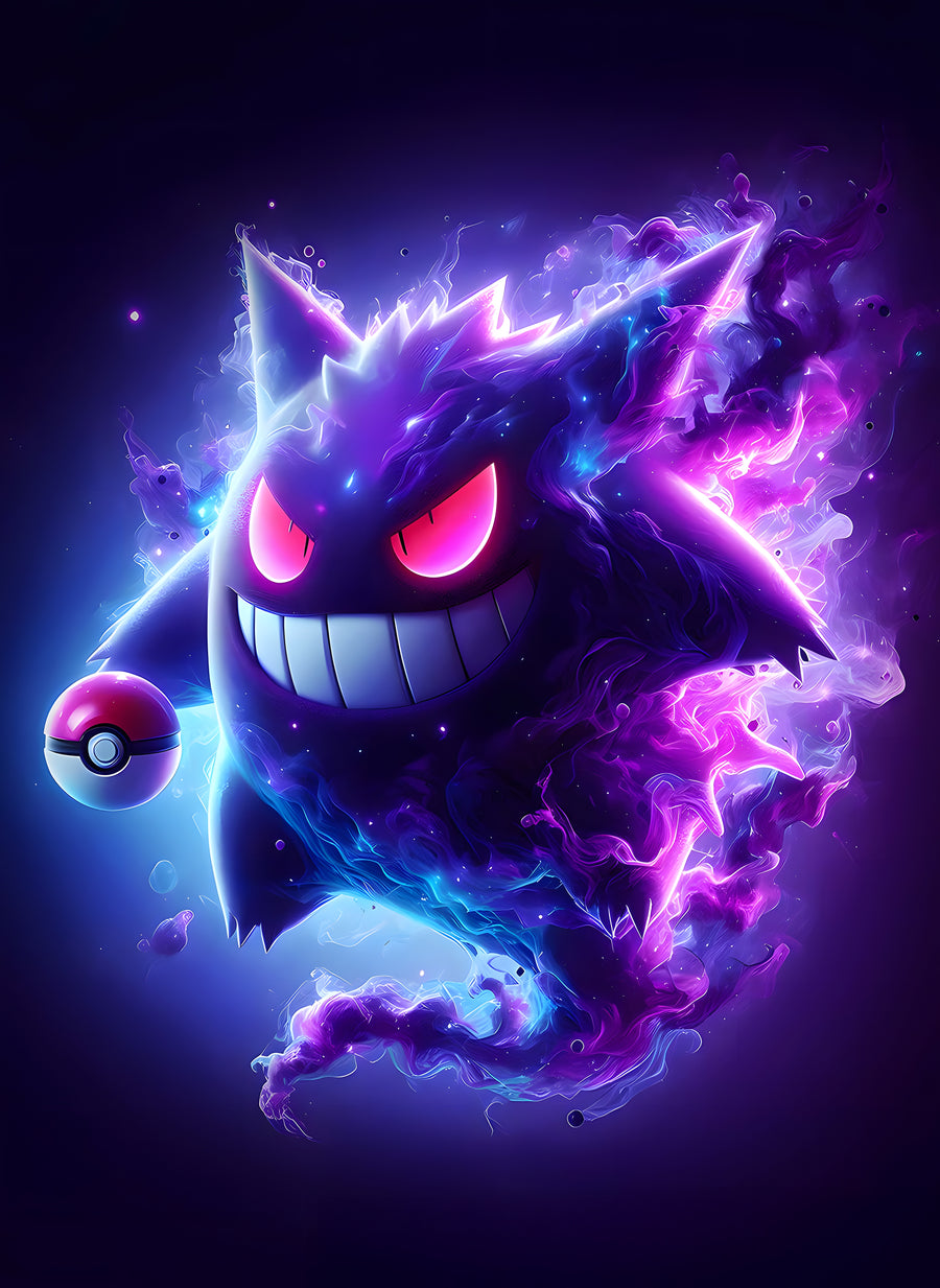 Gengar – Smoke - gengar grinning out of violet smoke beside a poke ball, on a metal wall art plate