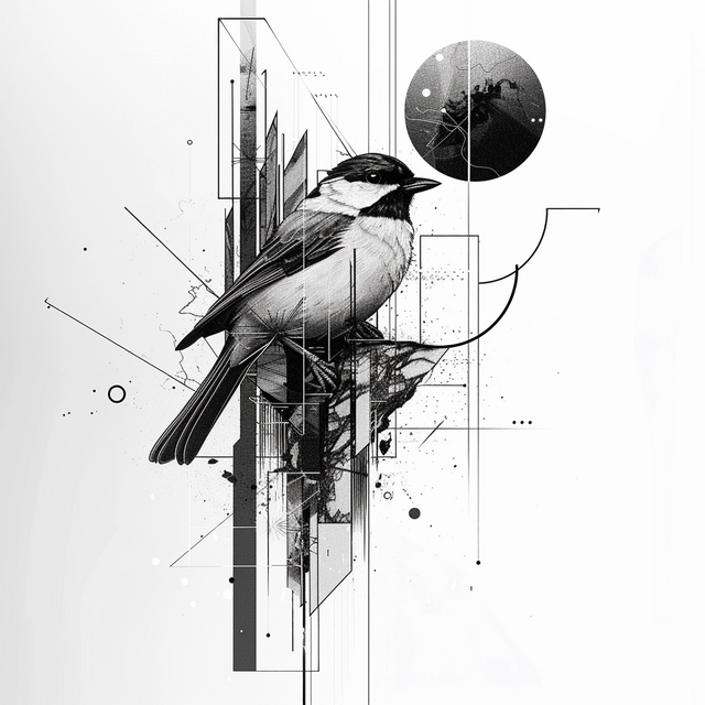 Geometric Bird Study - a detailed monochrome bird is layered with fine architectural lines, circles and geometric marks, on a metal wall art plate