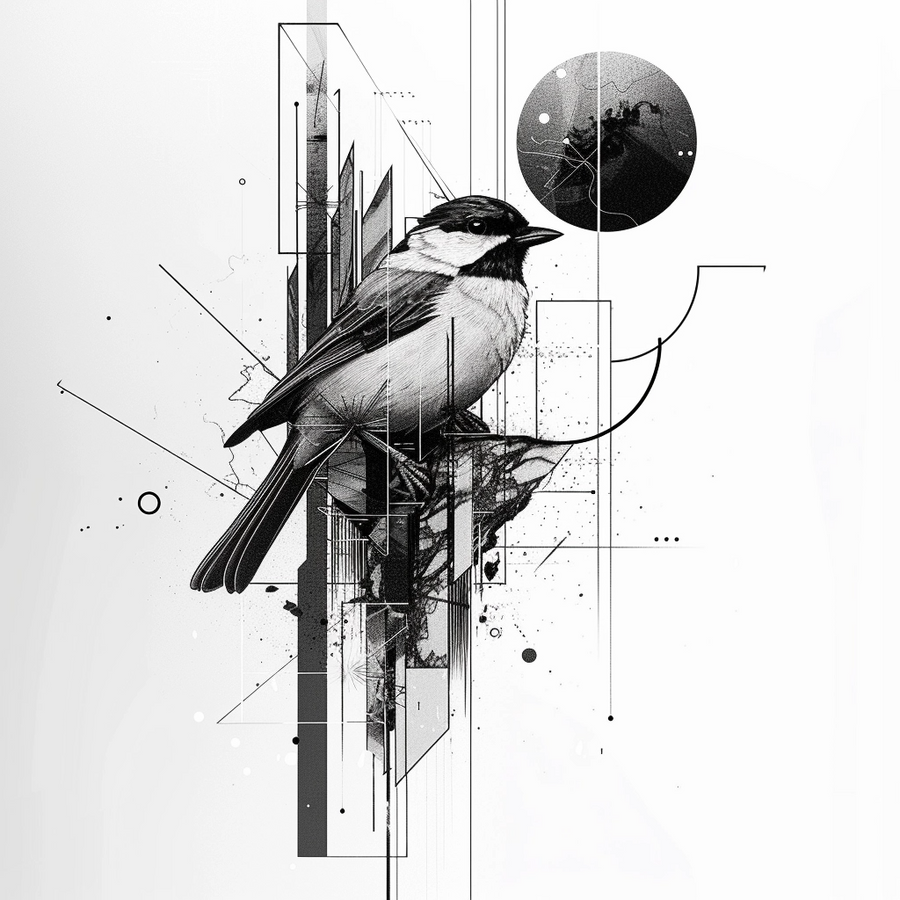 Geometric Bird Study - a detailed monochrome bird is layered with fine architectural lines, circles and geometric marks, on a metal wall art plate