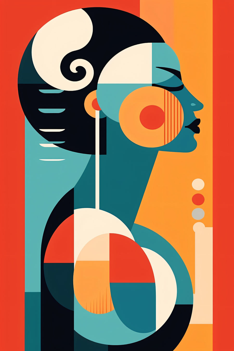 Geometric Muse - a stylised profile is constructed from bold teal, orange, black and cream geometric forms, on a metal wall art plate
