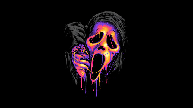 Ghostface – Neon Drip - the mask in neon violet and pink, the paint running off the chin, on a metal wall art plate