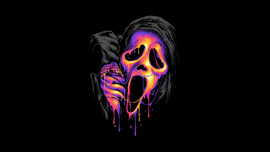 Ghostface – Neon Drip - the mask in neon violet and pink, the paint running off the chin, on a metal wall art plate