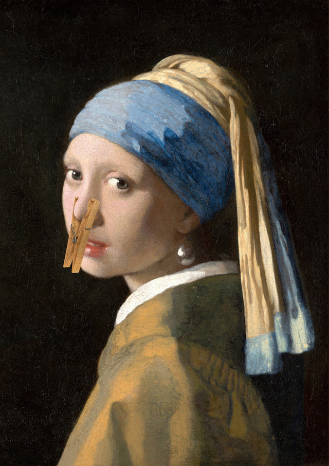 Girl With a Clothes Peg - the pearl earring portrait, straight-faced, with a wooden peg on her nose, on a metal wall art plate