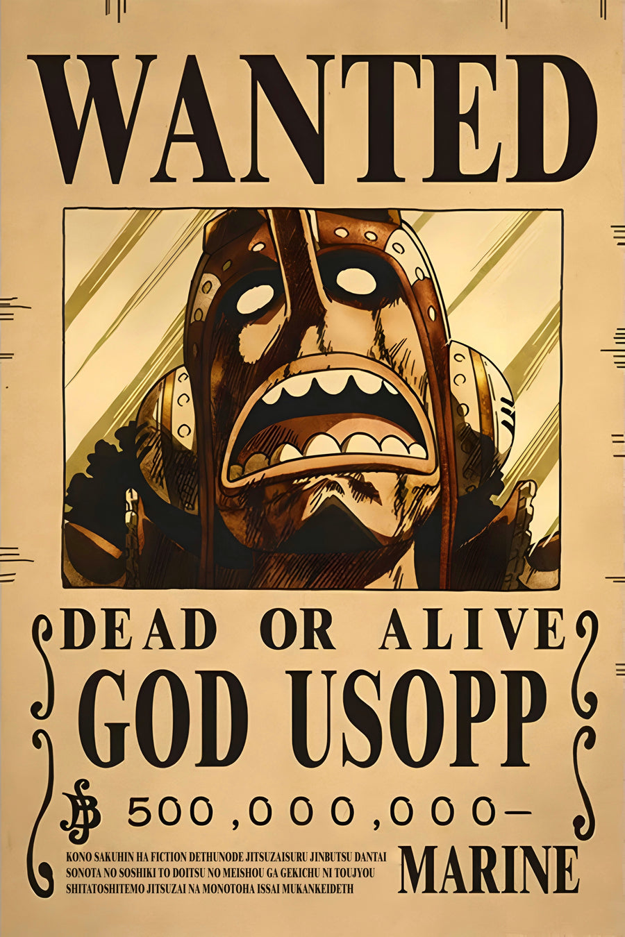 God Usopp – Bounty Poster - a bounty poster for God Usopp, 500,000,000 berries, dead or alive, on a metal wall art plate