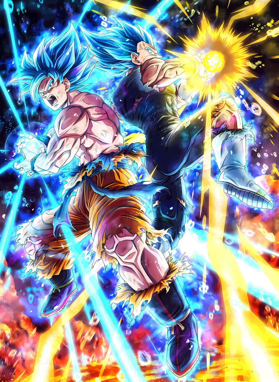 Goku and Vegeta – In Gold - the two of them clashing in blue and gold, on a metal wall art plate