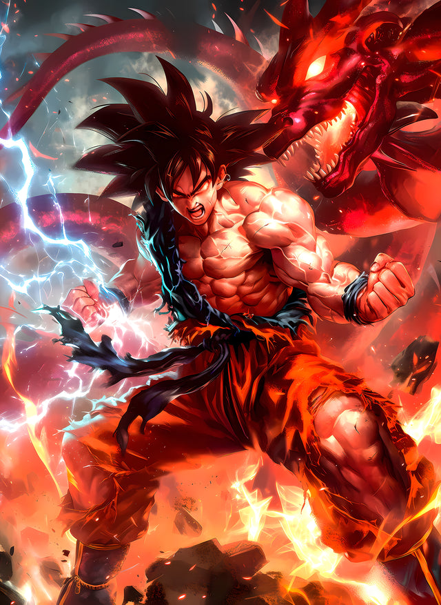 Goku – In Red - goku in super saiyan four with a red dragon rising behind him, on a metal wall art plate