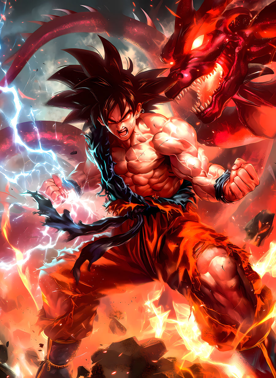 Goku – In Red - goku in super saiyan four with a red dragon rising behind him, on a metal wall art plate