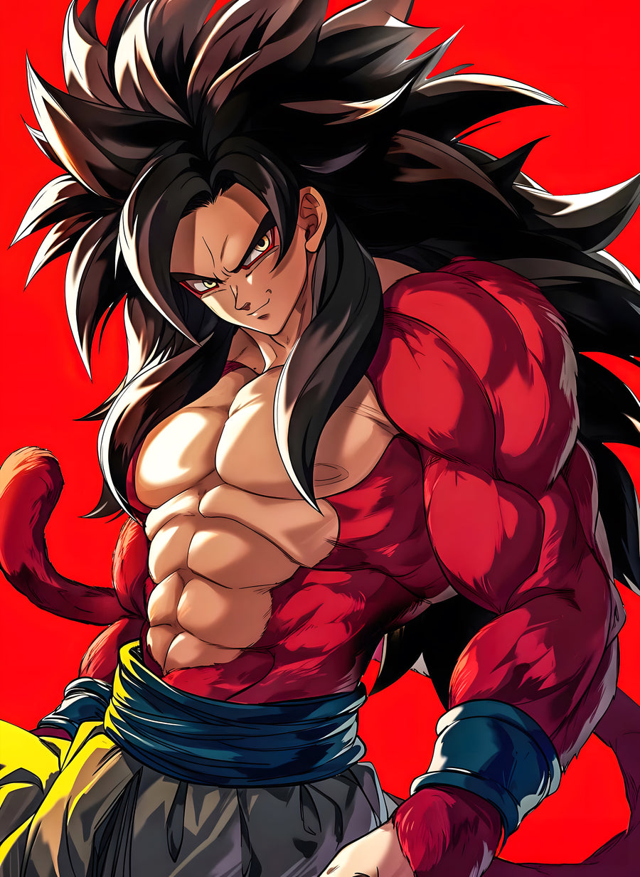 Goku – Super Saiyan Four - goku in super saiyan four, red fur and long black hair, against flat red, on a metal wall art plate