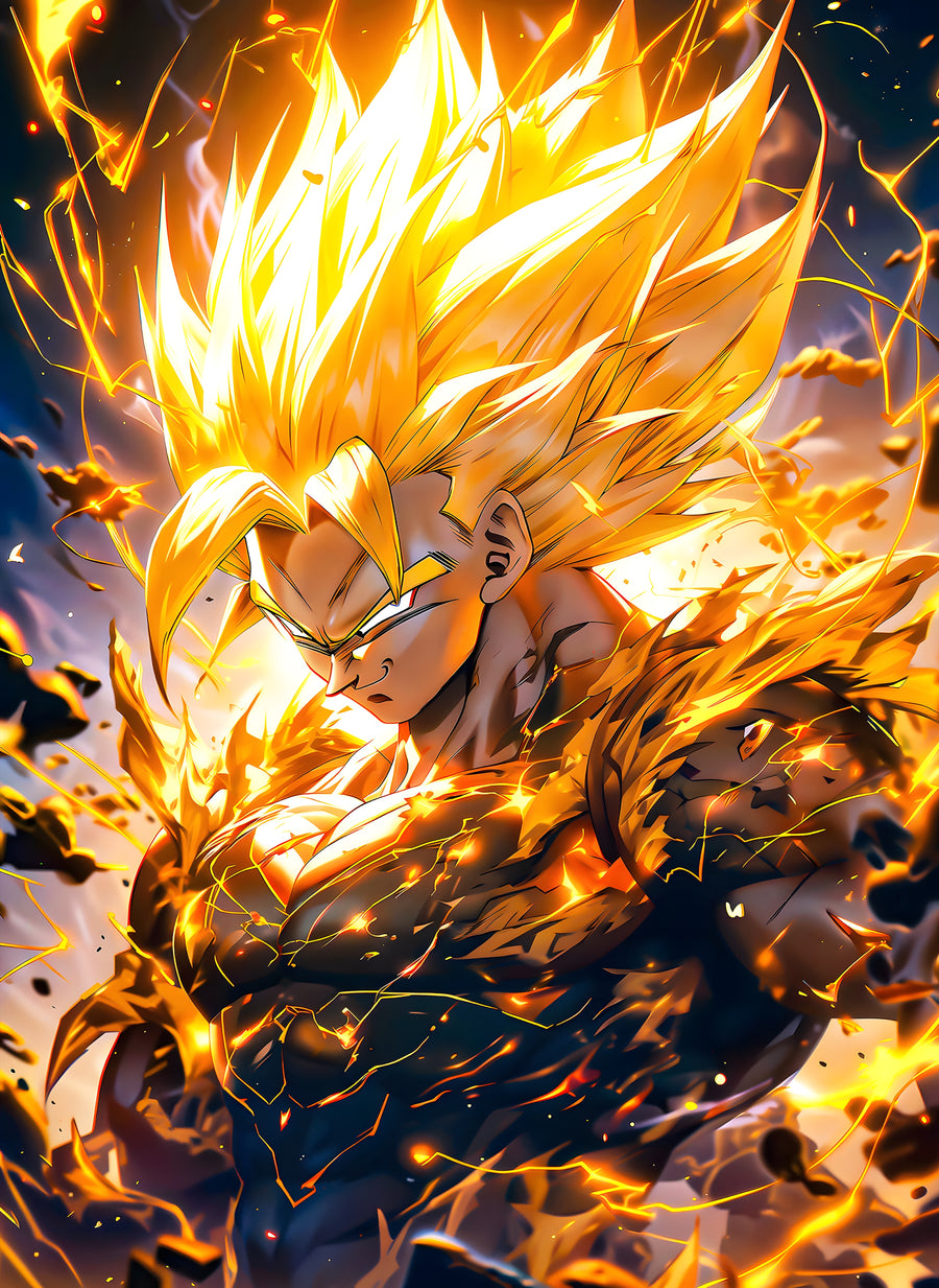 Goku – Super Saiyan - goku in super saiyan gold, energy pouring off him, on a metal wall art plate