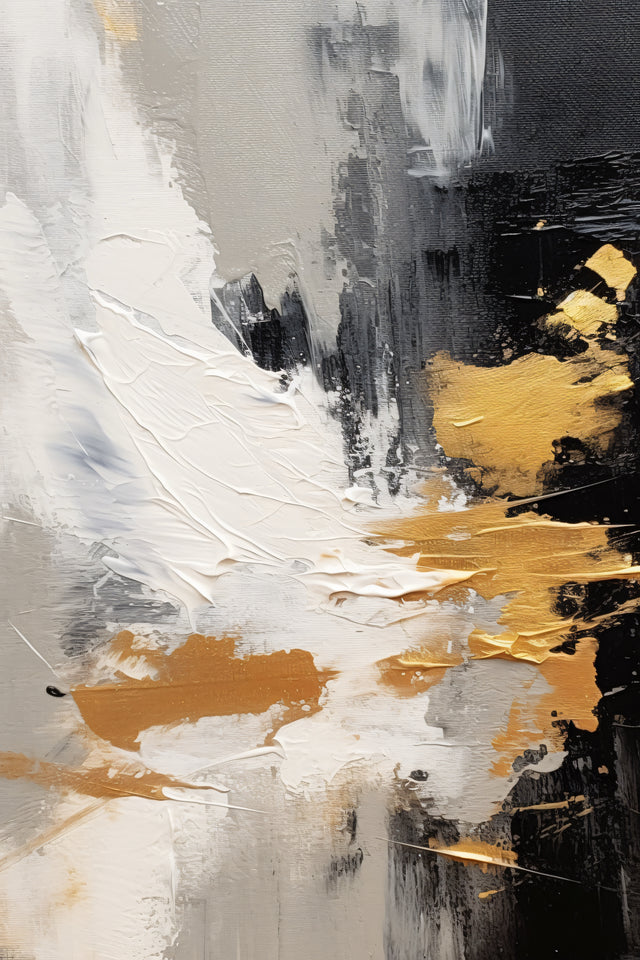 Gold Monochrome Texture - white, grey and black painted textures are broken by bold metallic-gold strokes, on a metal wall art plate