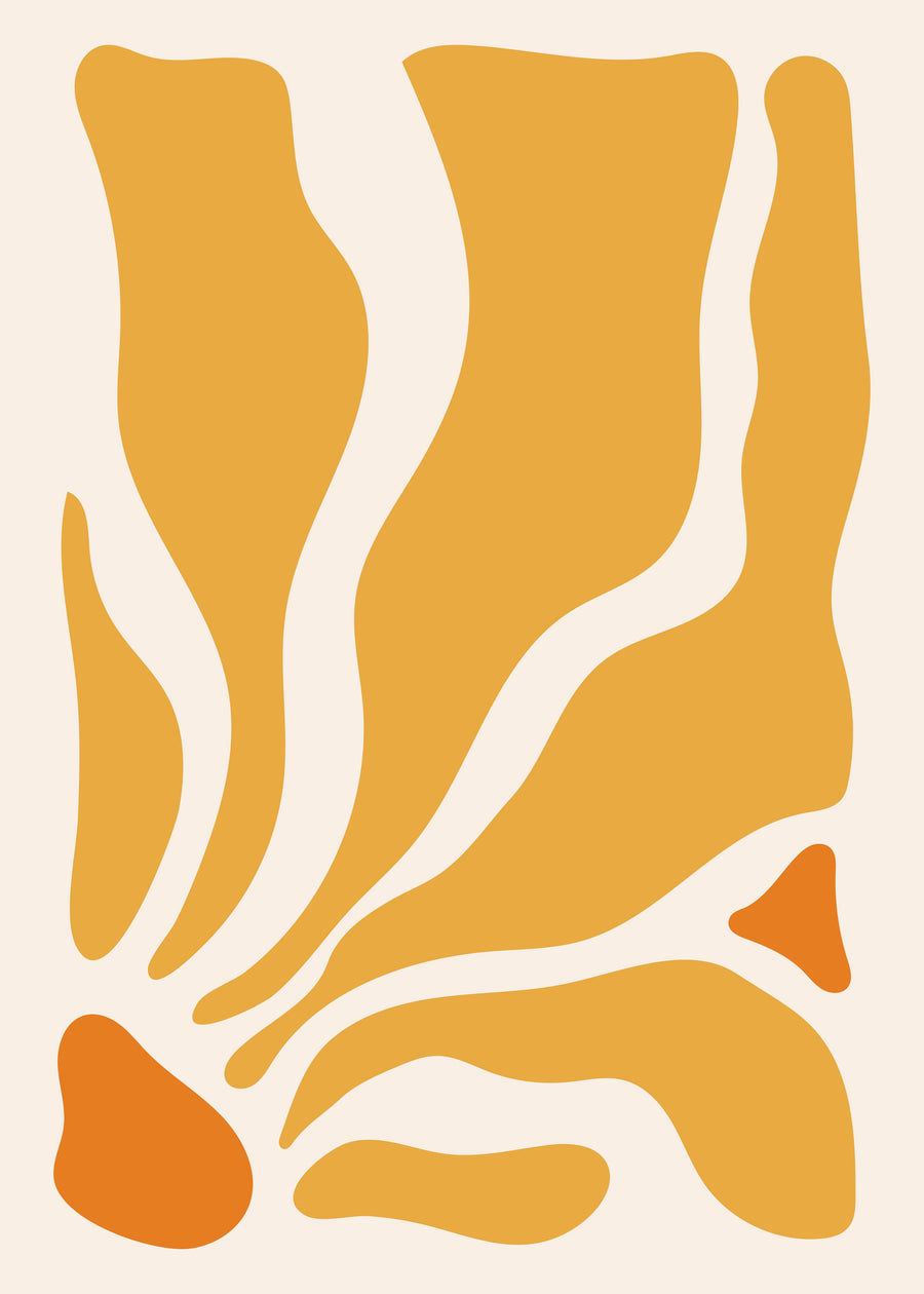 Golden Current - golden ochre shapes sweep upward across a warm cream background with a small burnt-orange accent, on a metal wall art plate