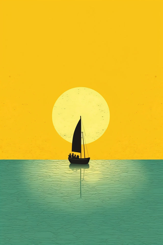 Golden Horizon - a dark sailboat sits against a glowing yellow sun above calm green water, on a metal wall art plate