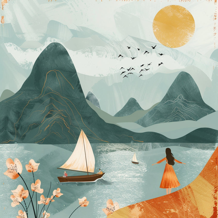 Golden Mountain Lake - deep green mountains surround a calm blue lake beneath a weathered golden sun