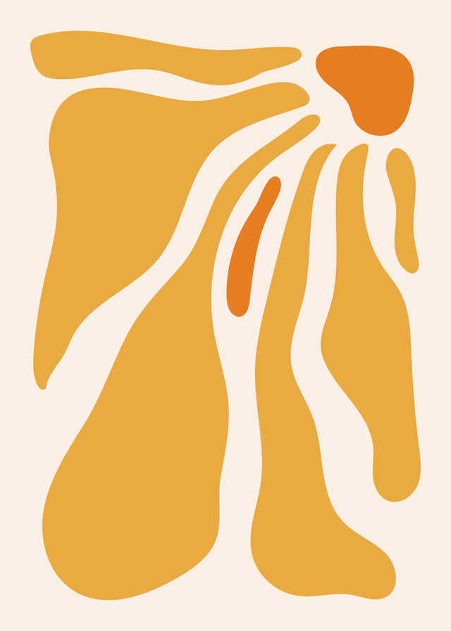 Golden Orange Cascade - golden forms cascade across a warm cream background with vivid orange details, on a metal wall art plate