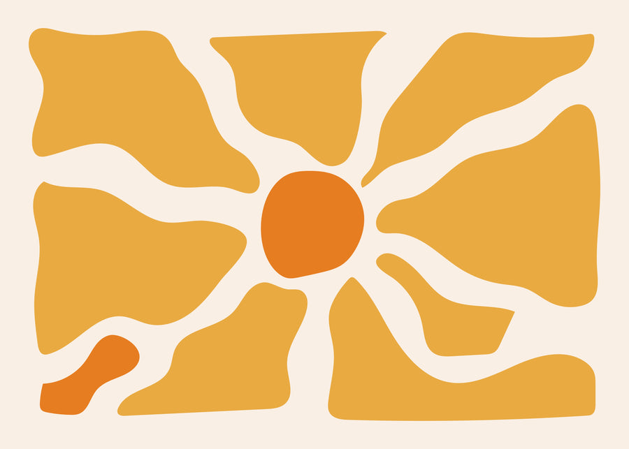 Golden Sunburst - golden organic shapes radiate around a vivid orange centre on a warm cream ground, on a metal wall art plate