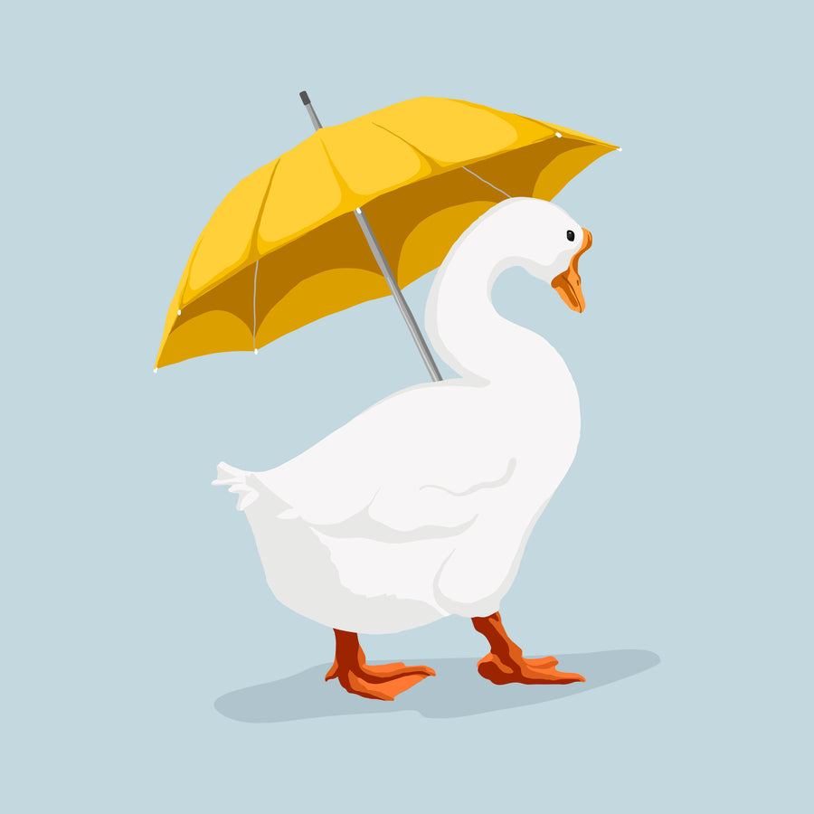 Goose With a Yellow Umbrella - a white goose holding a yellow umbrella against pale blue, entirely unbothered, on a metal wall art plate