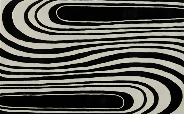 Grain - black and cream stripes bending round each other like grain in cut timber, on a metal wall art plate