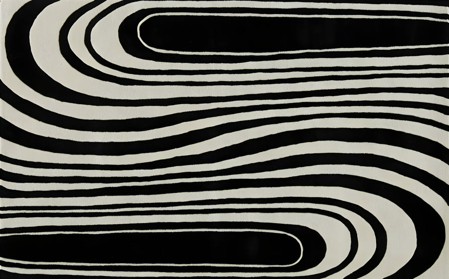 Grain - black and cream stripes bending round each other like grain in cut timber, on a metal wall art plate