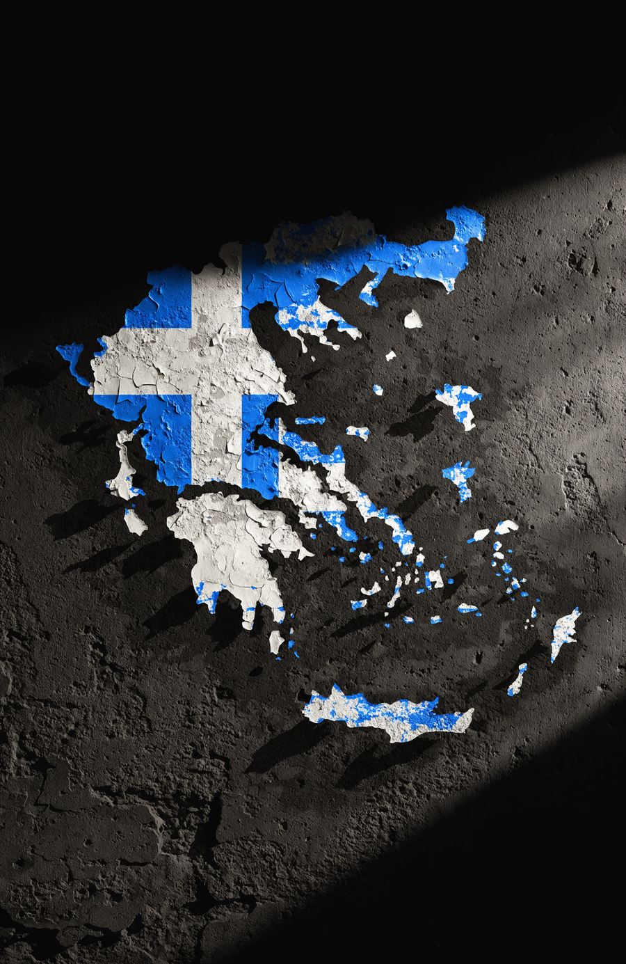 The mainland and islands of Greece are painted straight onto dark weathered concrete in blue and white