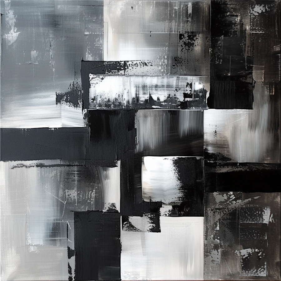 Grey Blocks - overlapping painted rectangles in graphite, charcoal and white, scraped back in places, on a metal wall art plate