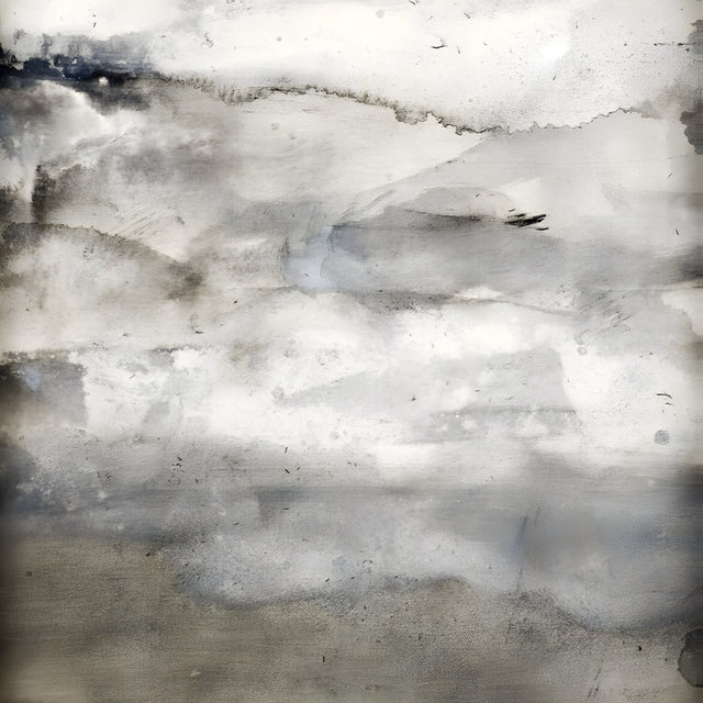 Grey Weather - a wash of grey and white settling into bands, somewhere between a landscape and fog, on a metal wall art plate