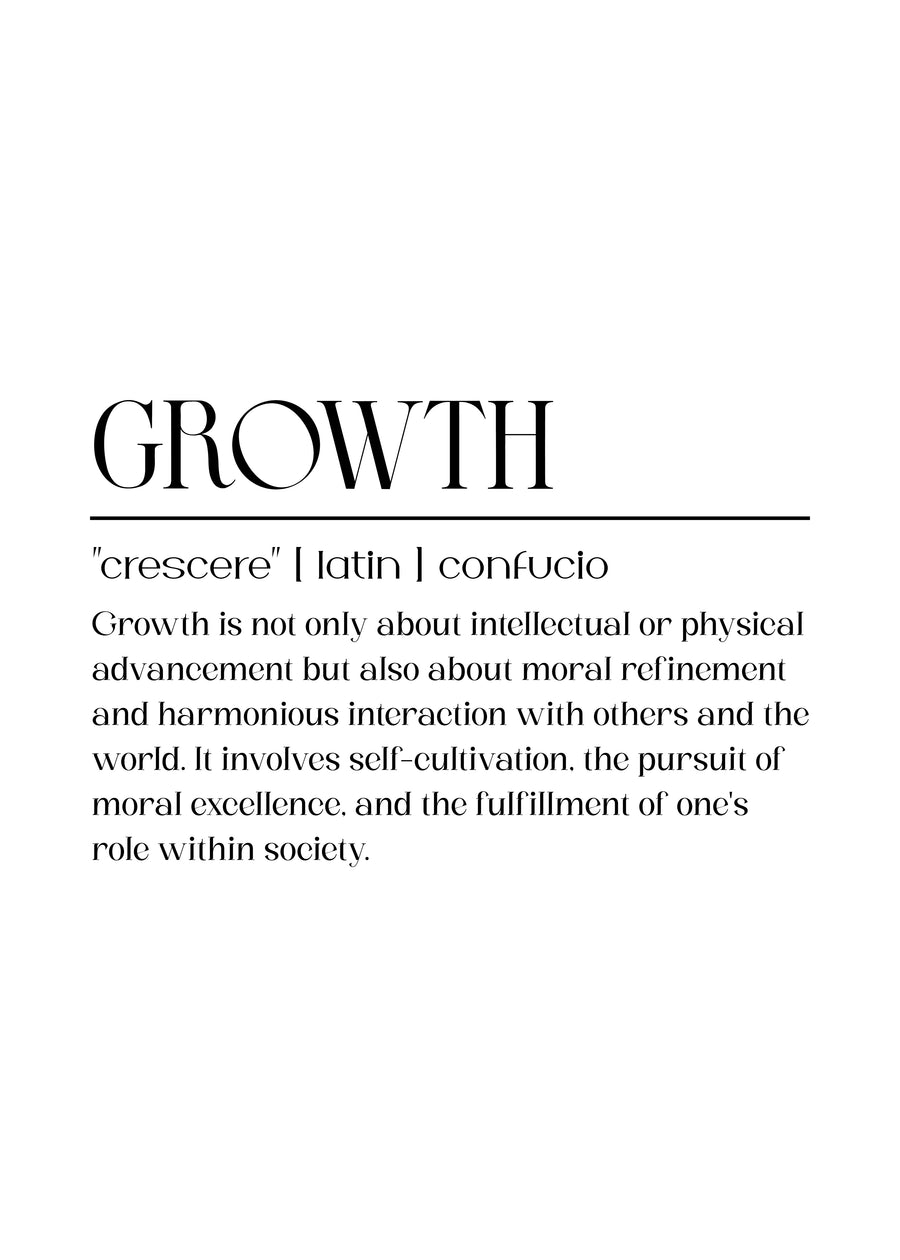 Growth – Definition - gROWTH, set out as a dictionary entry: "crescere" | latin | confucio, on a metal wall art plate