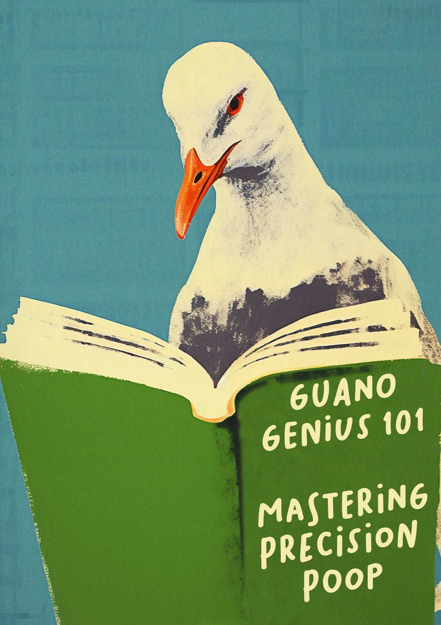 Guano Genius 101 - a goose reading a manual titled Mastering Precision Poop, on a metal wall art plate