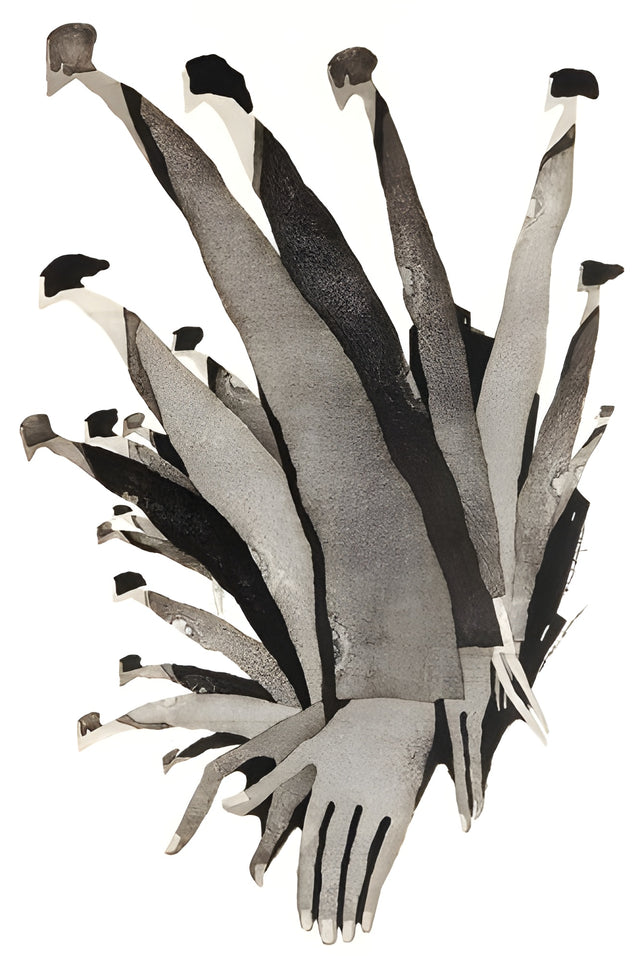 Hands and Leaves - a pair of hands with long leaf-like forms fanning out behind them, on a metal wall art plate