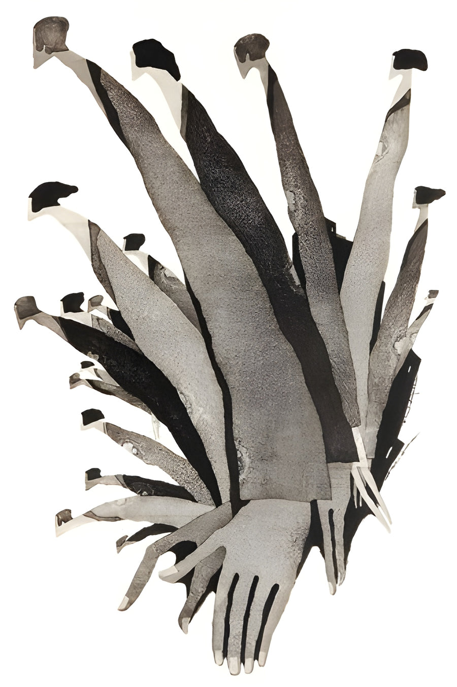 Hands and Leaves - a pair of hands with long leaf-like forms fanning out behind them, on a metal wall art plate