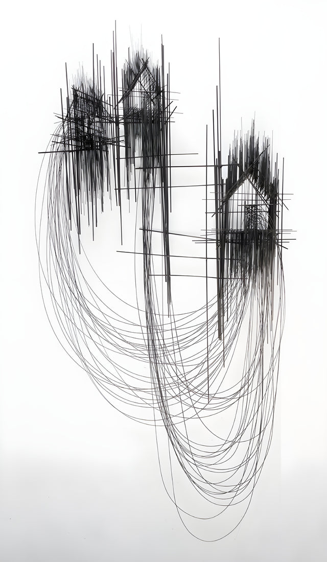 Hanging Lines - architectural scribble above long looping threads, drawn in pencil-fine line, on a metal wall art plate