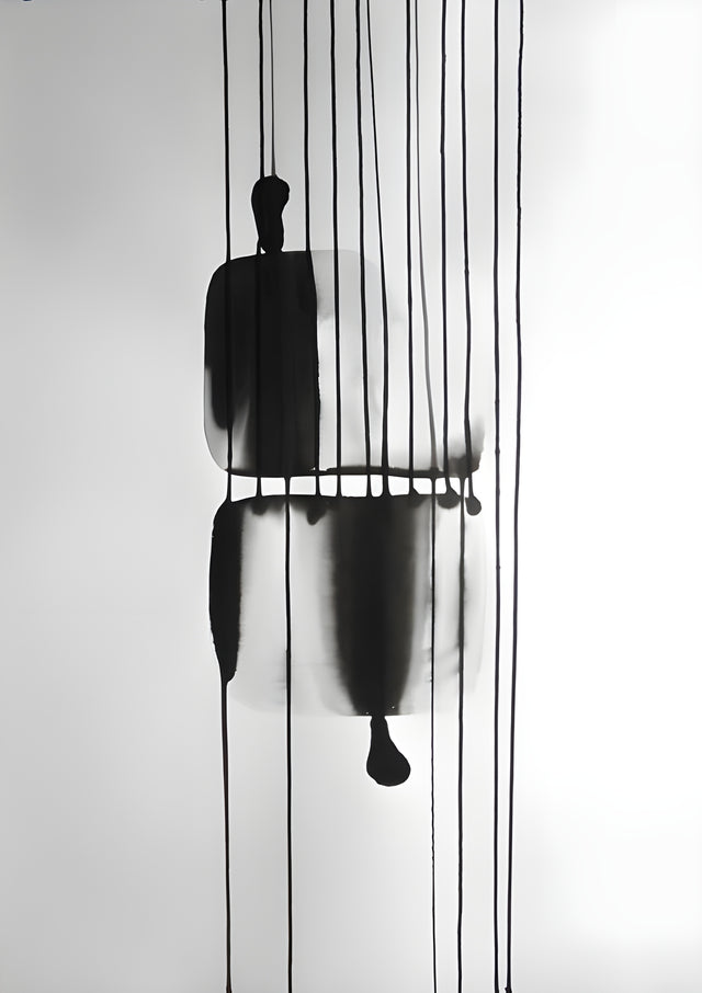 Hanging Weight - a dark hanging form on long strings, the ink pooling and dropping beneath it, on a metal wall art plate