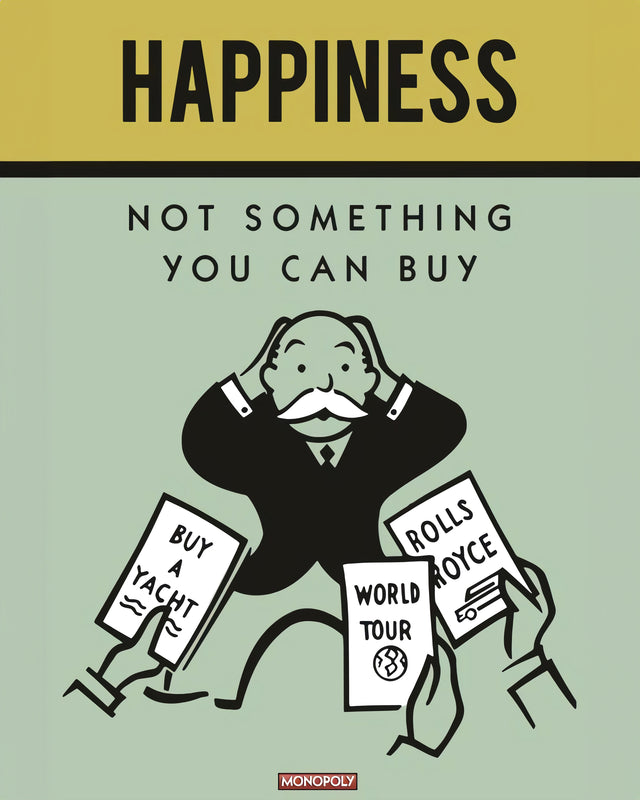 Happiness – Not Something You Can Buy - hAPPINESS — “Not something you can buy” — in the style of a vintage board-game card, mustard, on a metal wall art plate