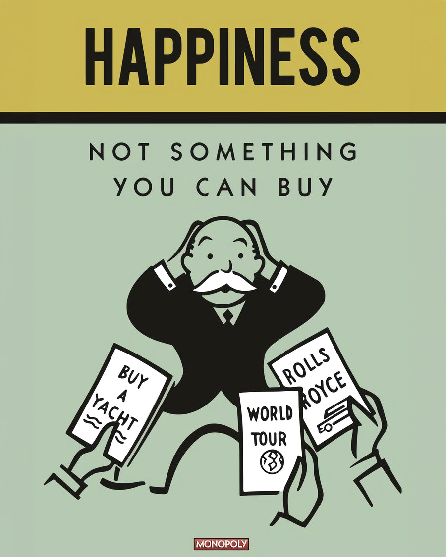 Happiness – Not Something You Can Buy - hAPPINESS — “Not something you can buy” — in the style of a vintage board-game card, mustard, on a metal wall art plate