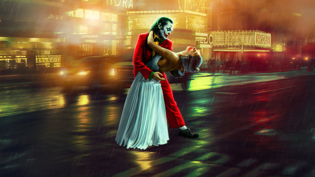 Harley and the Joker – Rain Dance - the pair dancing in the middle of a wet street, city lights smeared behind, on a metal wall art plate