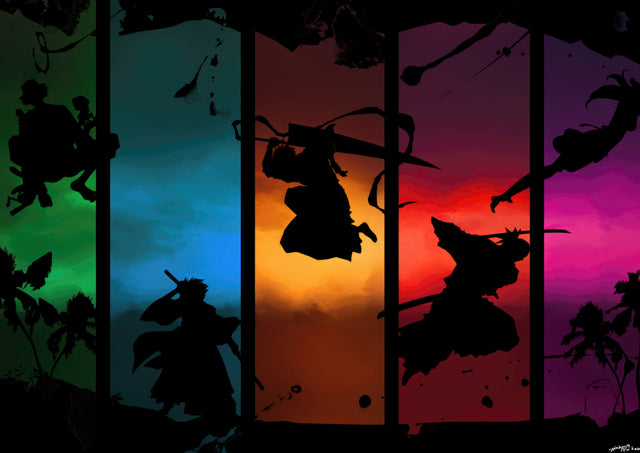 Hashira – In Red - the Hashira as silhouettes in a row of coloured panels, on a metal wall art plate
