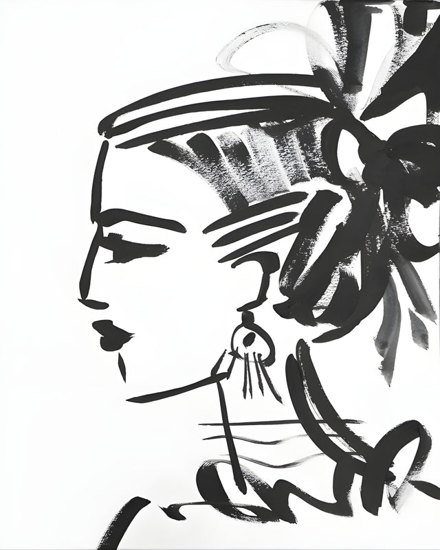 Headdress - a woman in profile brushed in bold strokes, with a headdress built from loops and fronds, on a metal wall art plate