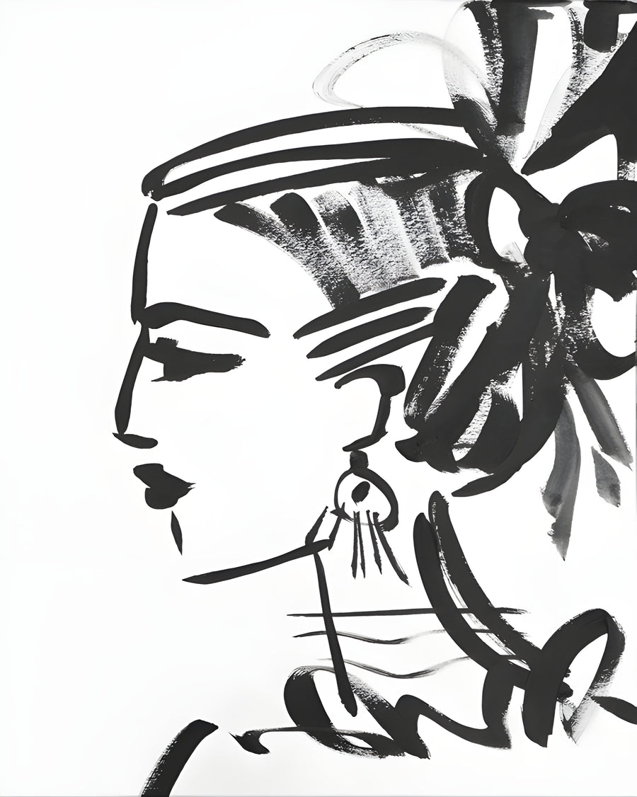 Headdress - a woman in profile brushed in bold strokes, with a headdress built from loops and fronds, on a metal wall art plate