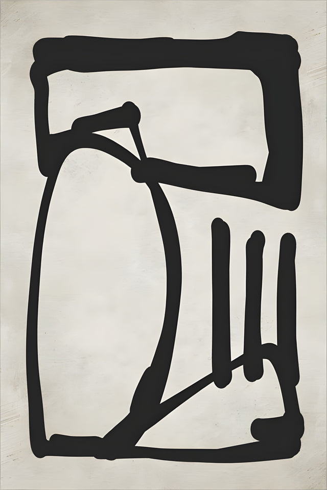 Heavy Outline - thick black outlines drawn straight onto cream, shapes left open where the brush lifted, on a metal wall art plate