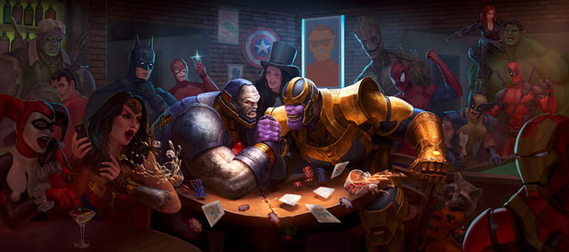 Heroes and Villains – Last Orders - heroes and villains crowded round a bar table, playing cards and drinking together, on a metal wall art plate
