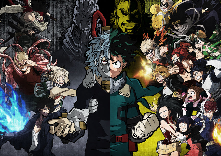 Heroes and Villains – Portrait - heroes on one side, villains on the other, split down the middle, on a metal wall art plate