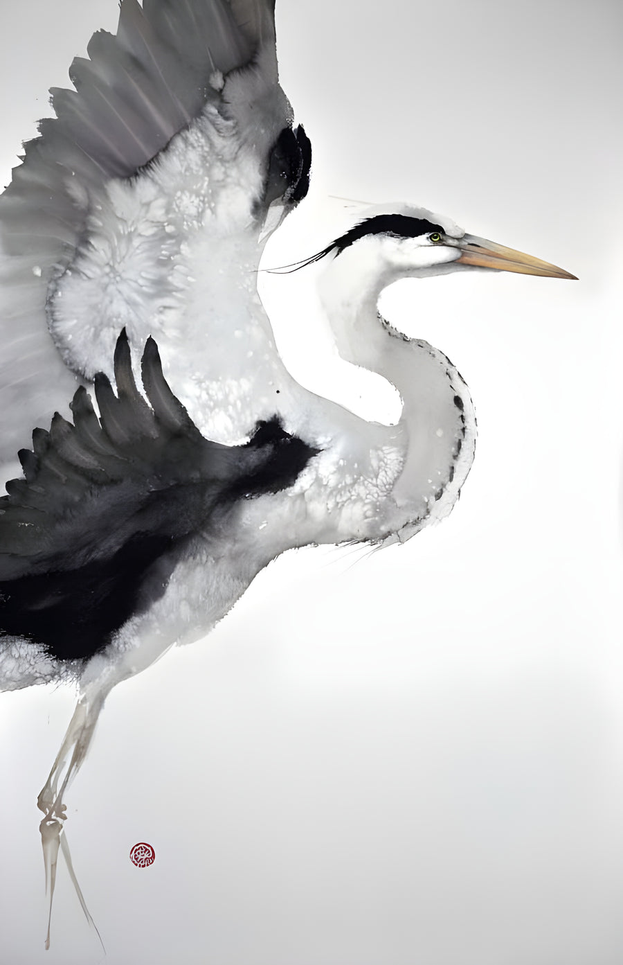 Heron - a heron opening its wings, the body in ink wash and the legs left as fine lines, on a metal wall art plate