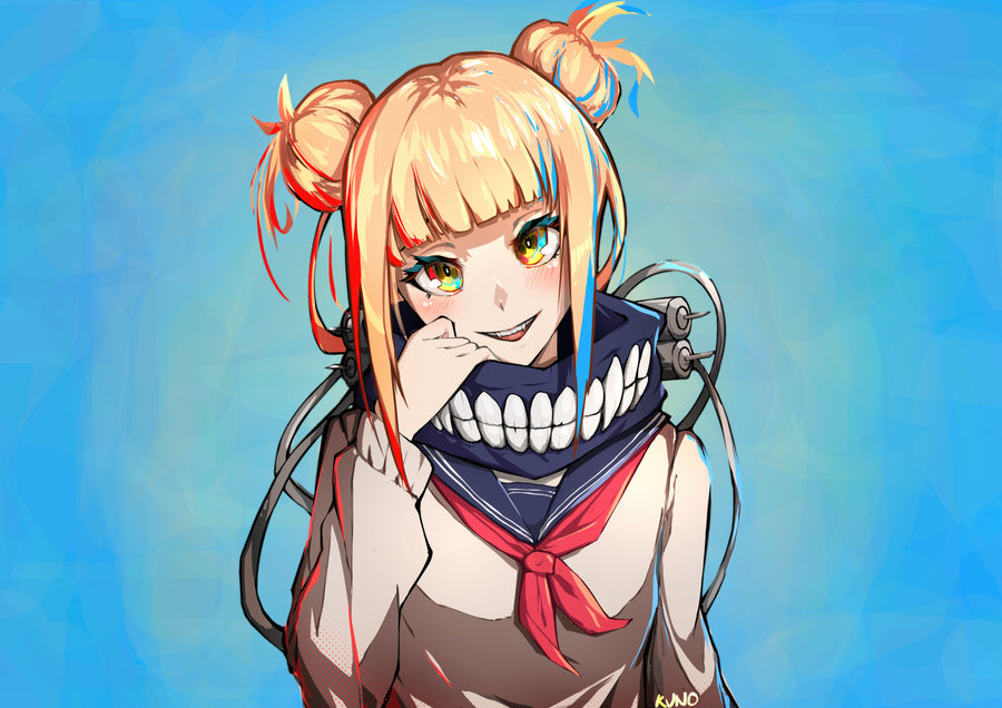 Himiko Toga – In Blue - toga grinning behind her hand against pale blue, on a metal wall art plate