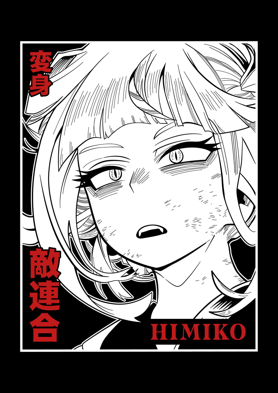 Himiko Toga – Manga Panel - toga drawn in manga line, her name set in red beneath, on a metal wall art plate