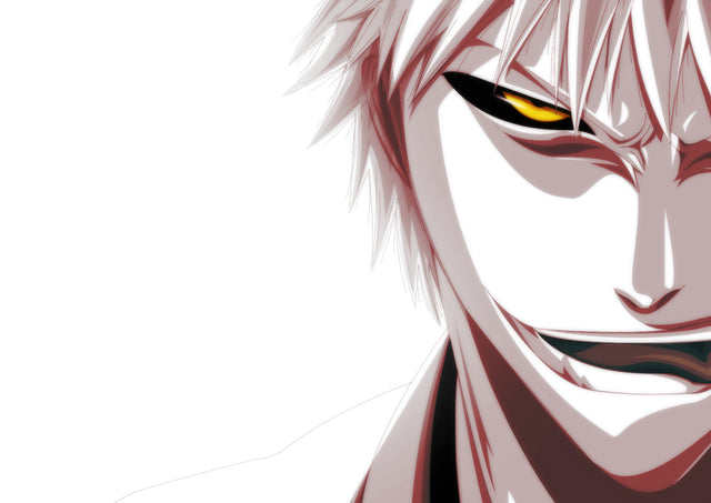 Hollow Ichigo – In White - the white hollow grinning out of an almost empty frame, on a metal wall art plate