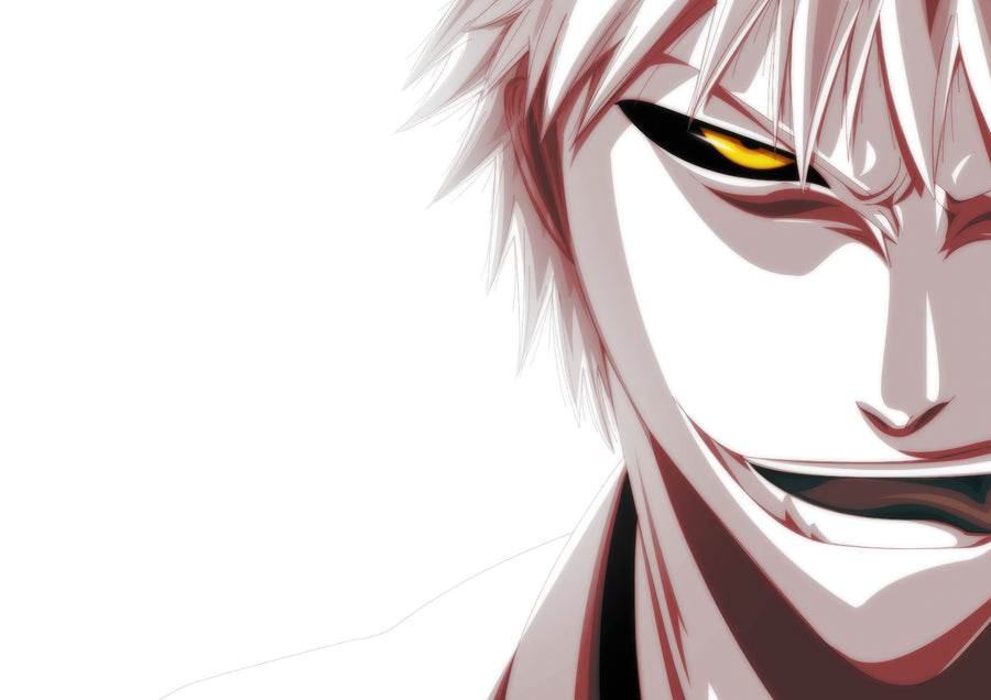 Hollow Ichigo – In White - the white hollow grinning out of an almost empty frame, on a metal wall art plate