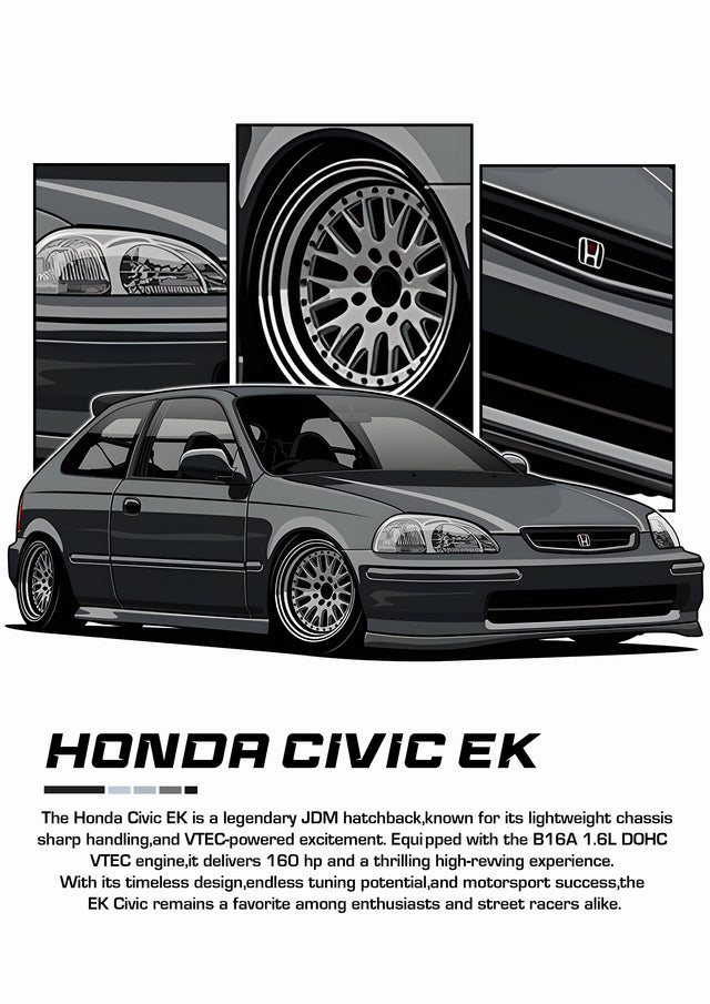 Honda Civic EK - honda Civic EK — grey, illustrated, on a metal wall art plate