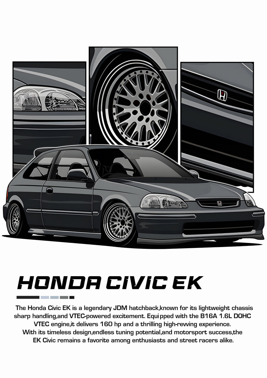 Honda Civic EK - honda Civic EK — grey, illustrated, on a metal wall art plate